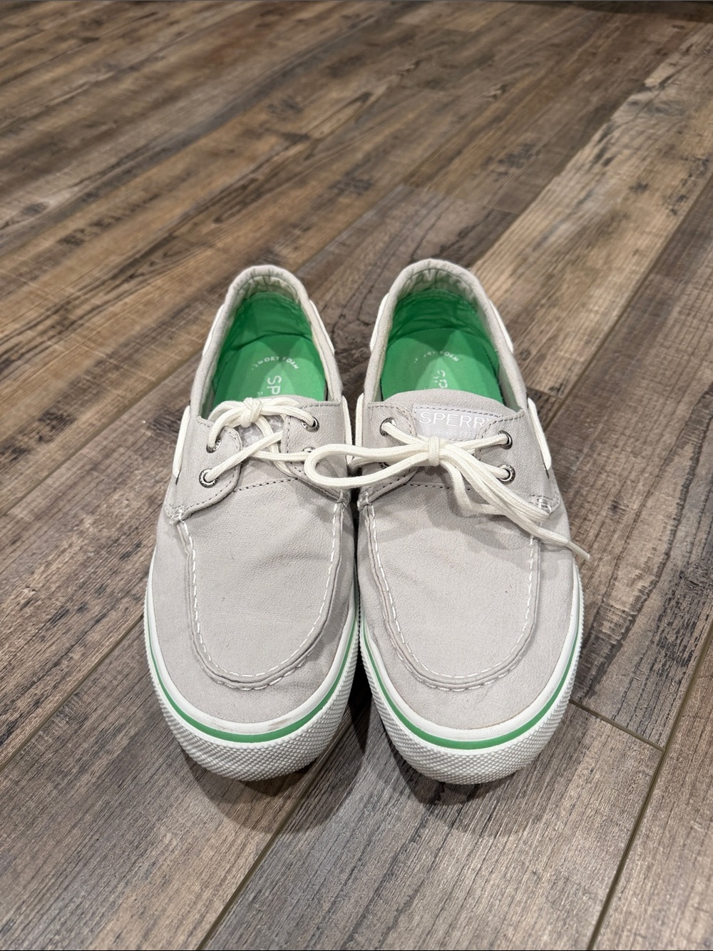 Sperry Light Gray Canvas Boat Shoes with Mint Accents